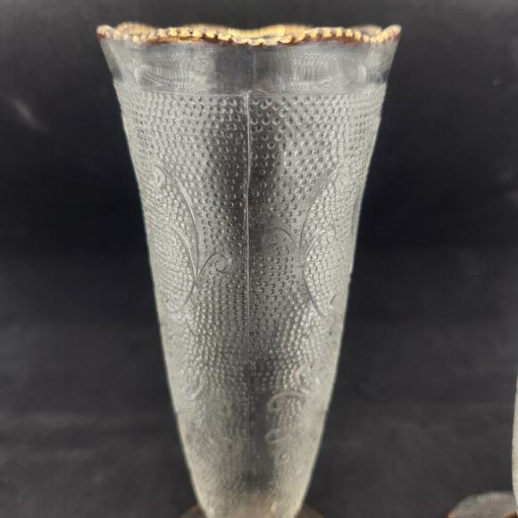 Two Textured Vintage Jeannette Harp Gold Pattern Vases 7 1/2" Tall Scalloped Rim - Picture 6 of 10